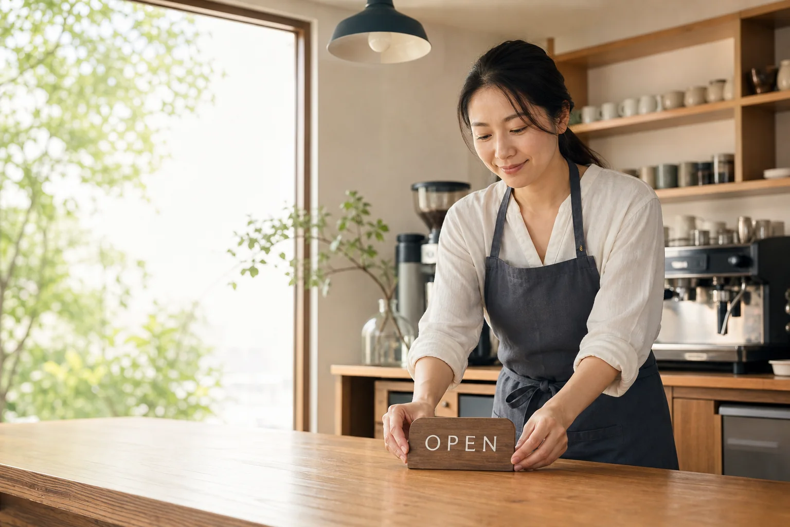 カフェの開店準備をするオーナー